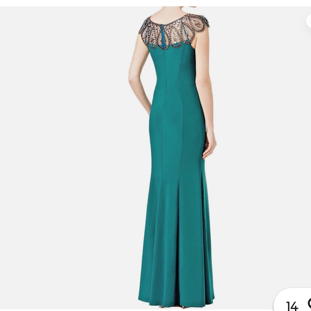 Xscape Teal Gown with Black Lace Detail
